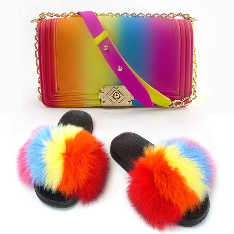 Summertime Rainbow Fur Slides and Matching Jelly Purse – Glitzy Boss ...